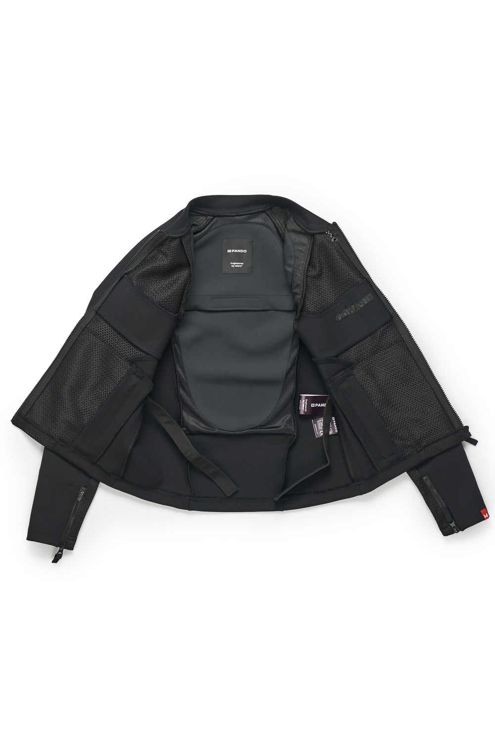Black jacket with multiple pockets on a white background