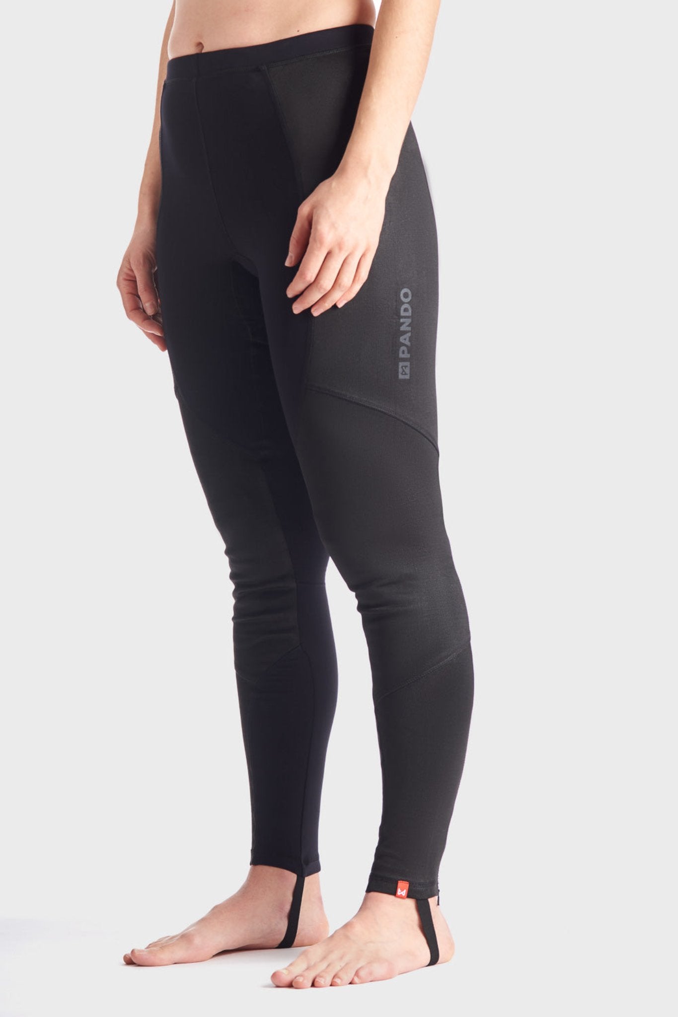 Woman&#39;s legs wearing Pando Moto SKIN AAA armoured base layer leggings in black