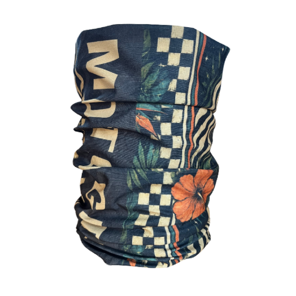A navy blue neck gaiter with a tropical floral and geometric pattern, featuring a large orange hibiscus flower, checkered squares, stripes, and partial gold lettering, shown on a plain white background.