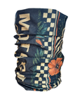 A navy blue neck gaiter with a tropical floral and geometric pattern, featuring a large orange hibiscus flower, checkered squares, stripes, and partial gold lettering, shown on a plain white background.