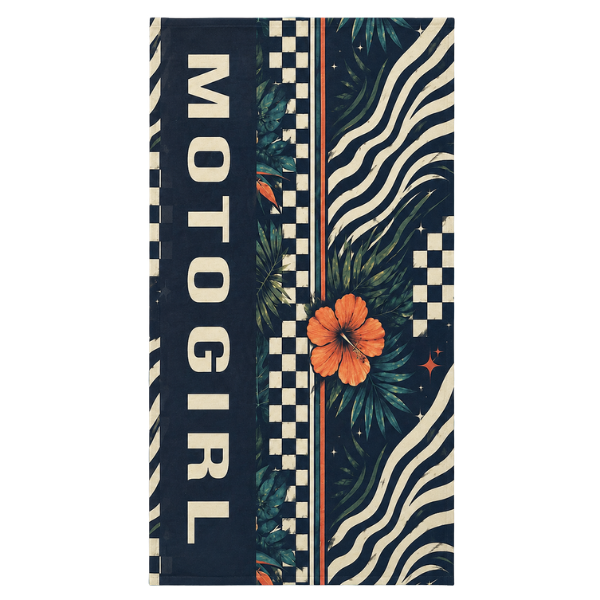 A rectangular bandana featuring a tropical and racing-inspired design. The left side has a dark navy vertical panel with the word 'MOTOGIRL' in cream block letters.