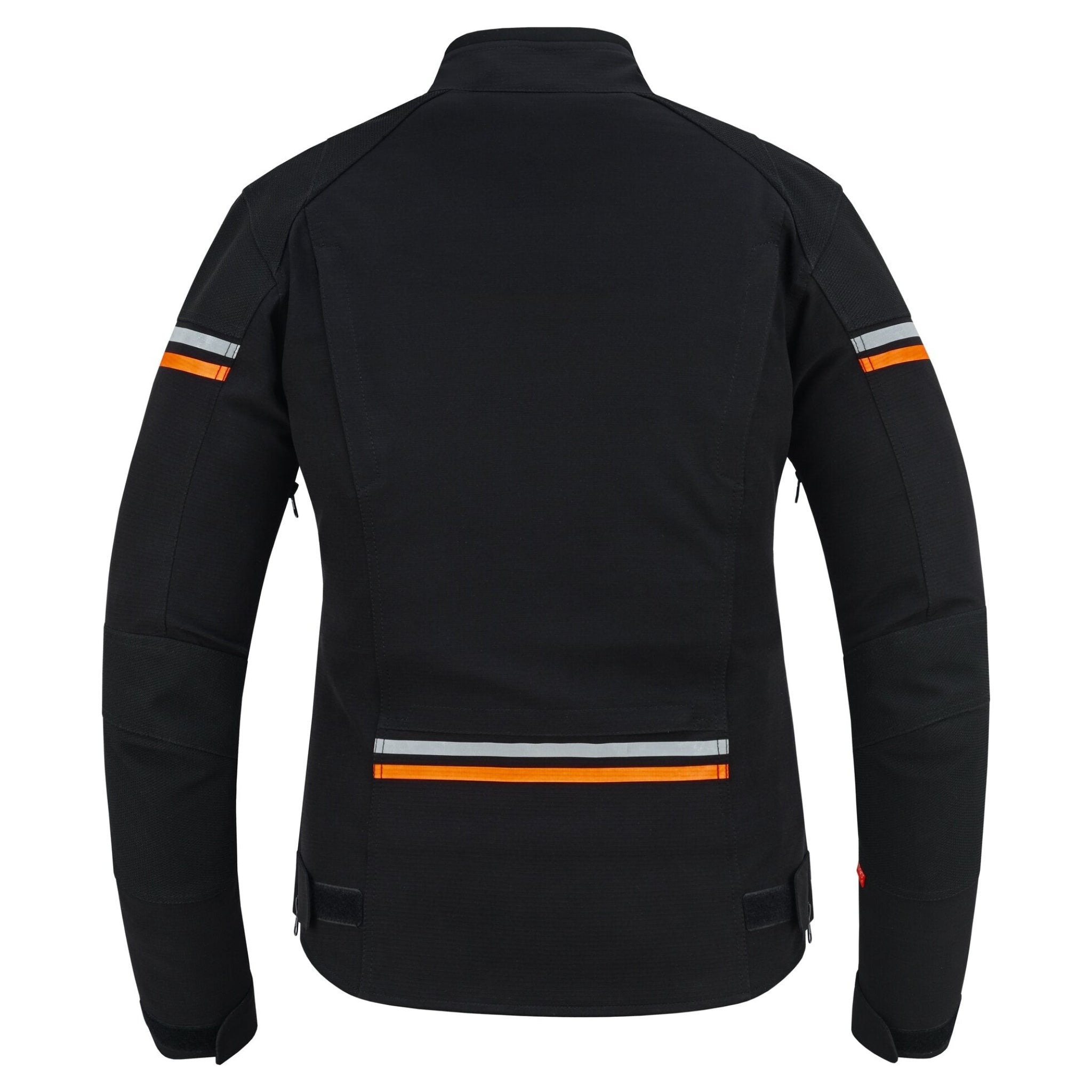 a bagside of black textile mc jacket with orange and grey details