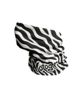 A black and white zebra-striped neck gaiter with the word 'Motogirl' printed in a stylized black font on the lower section, shown against a plain white background.