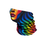 A tubular neck gaiter featuring a vibrant, multicolor graphic print of a woman's face in profile overlaid with bold black and rainbow-colored wavy stripes, shown on a plain white background.