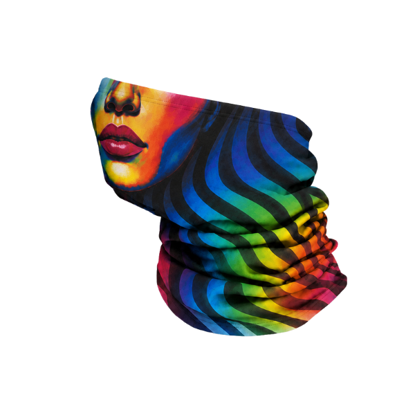 A tubular neck gaiter featuring a vibrant, multicolor graphic print of a woman's face in profile overlaid with bold black and rainbow-colored wavy stripes, shown on a plain white background.