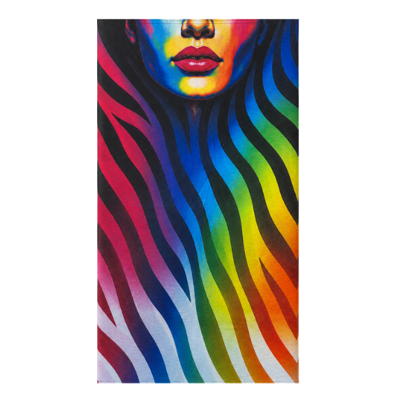 A rectangular beach towel featuring a vibrant, colorful graphic print of a woman's face and neck overlaid with rainbow-colored zebra stripes on a white background.