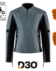 grey and black motorcycle leather jacket for women with front zipper and D3O protectors