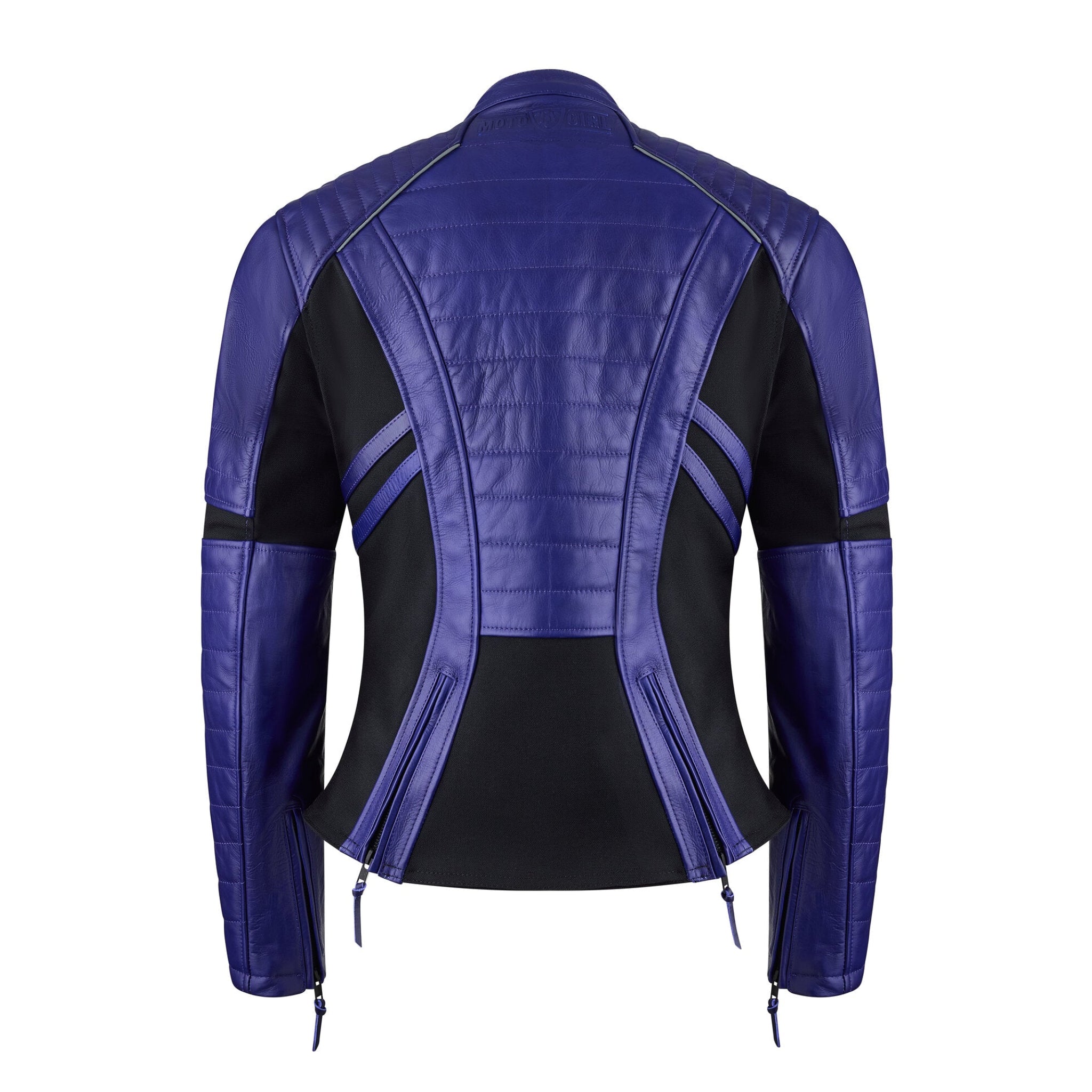 a back of purple motorcycle leather jacket for women with two hip zippers