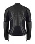 black leather motorcycle jacket with two back zippers