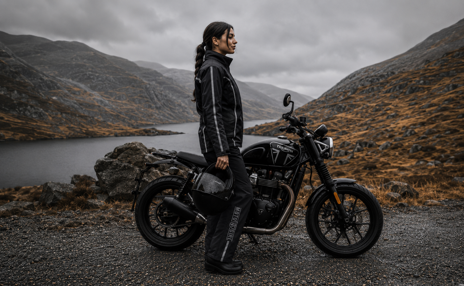 Person with a motorcycle in a mountainous landscape