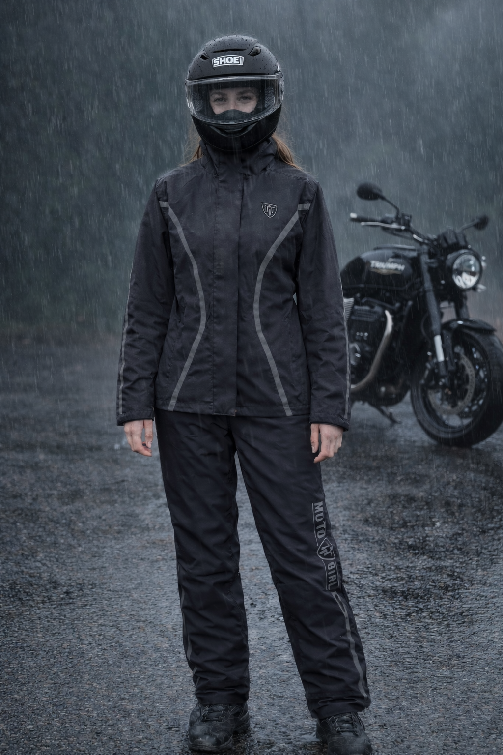 Person wearing a black motorcycle helmet and raincoat standing in the rain with a motorcycle in the background.