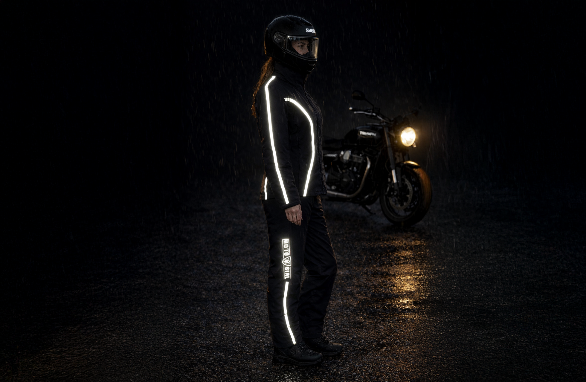 Person wearing a reflective motorcycle suit standing next to a motorcycle in a dark setting.