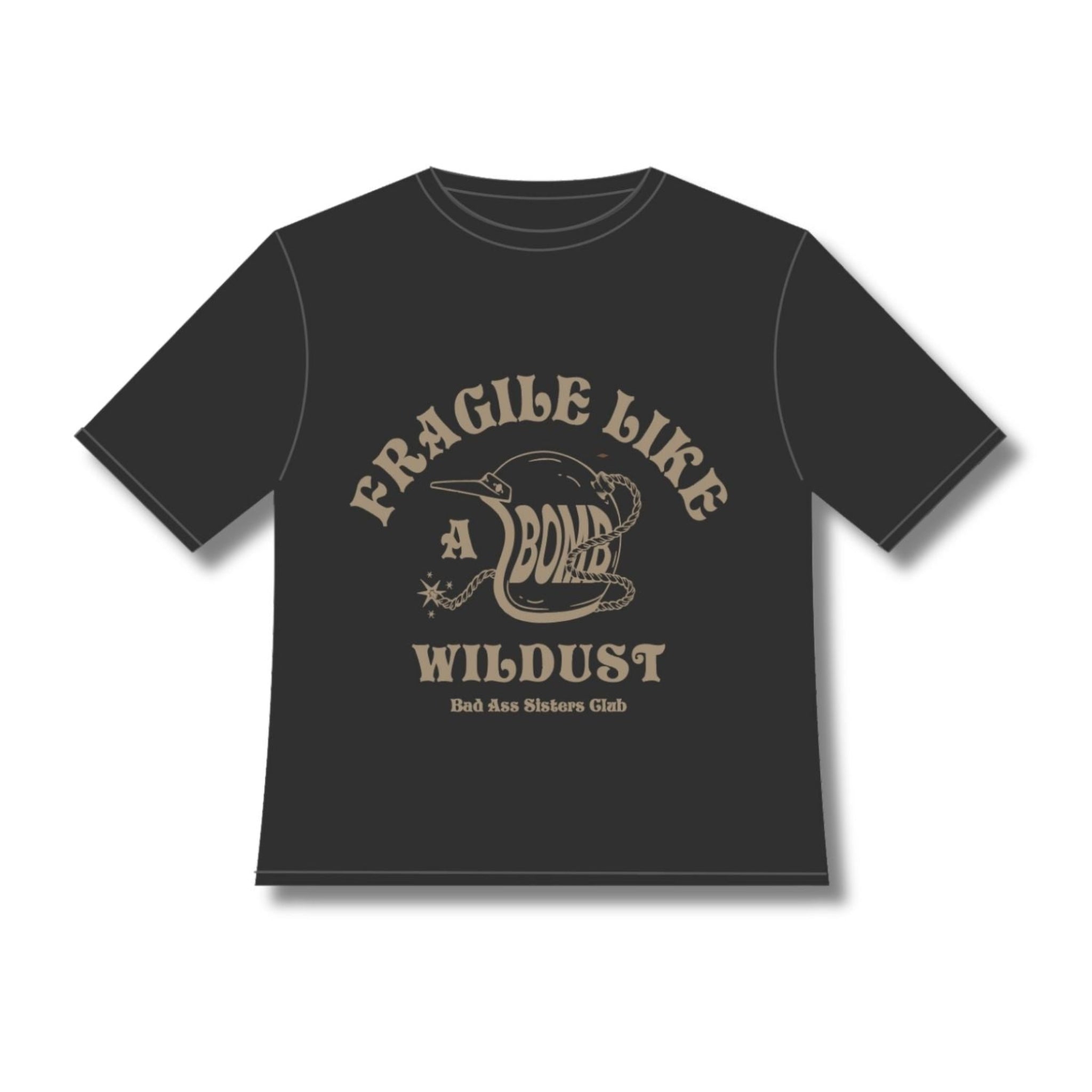 off-black wide cut short sleeve women's motorcycle t-shirt with helmet motive and Fragile like a bomb  logo 