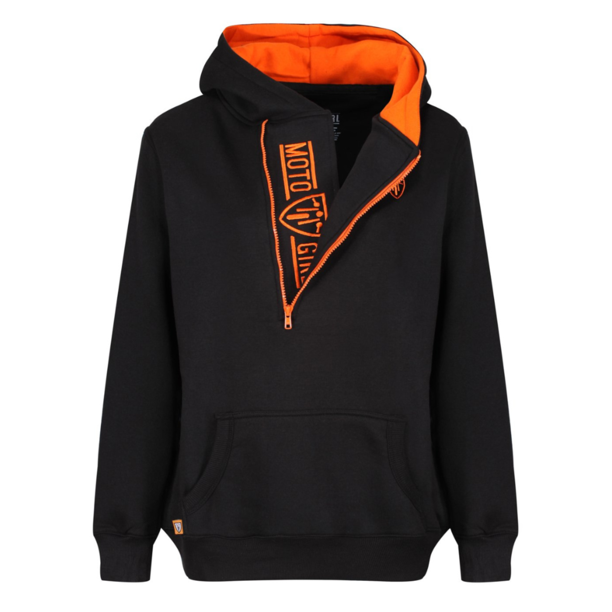 helmet hoodie in black and orange with big zipper in front and Motogirl logo