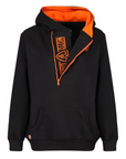 helmet hoodie in black and orange with big zipper in front and Motogirl logo