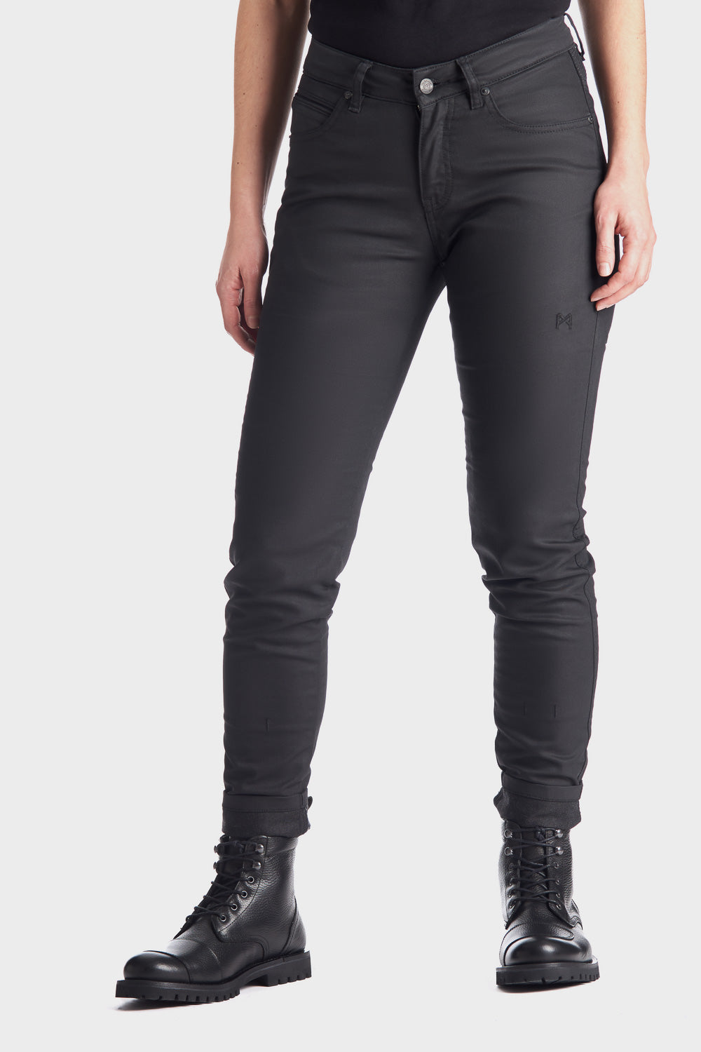 woman's legs wearing slim-fit motorcycle jeans from Pando Moto 