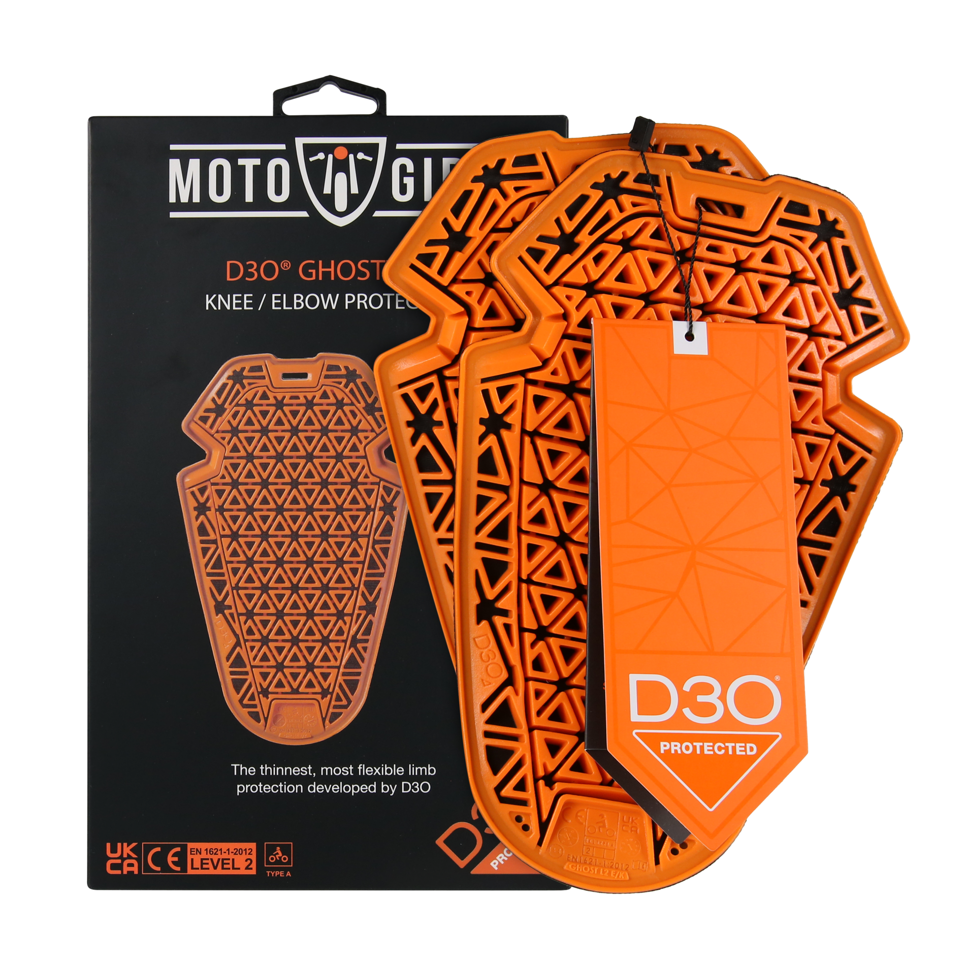 orange D30 LEVEL 2  knee and elbow protectors from MotoGirl