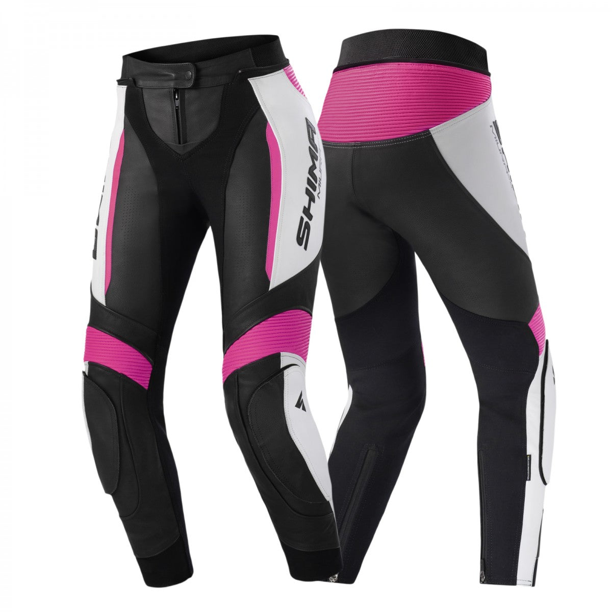 black white and pink motorcycle pants from Shima