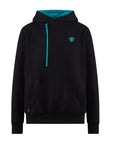 motogirl helmet hoodie in black and teal with big front zipper