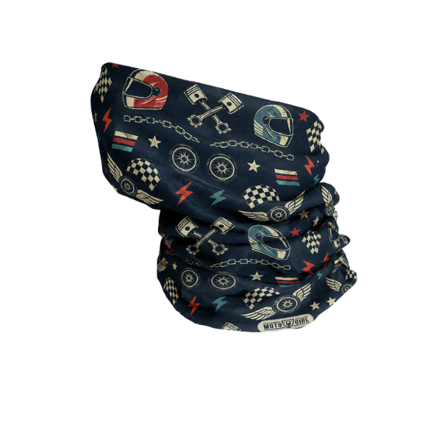 A navy blue neck gaiter featuring a retro racing and motorcycle-themed pattern with helmets, pistons, checkered flags, stars, and lightning bolts, displayed on a clean white background.