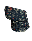 A navy blue neck gaiter featuring a retro racing and motorcycle-themed pattern with helmets, pistons, checkered flags, stars, and lightning bolts, displayed on a clean white background.