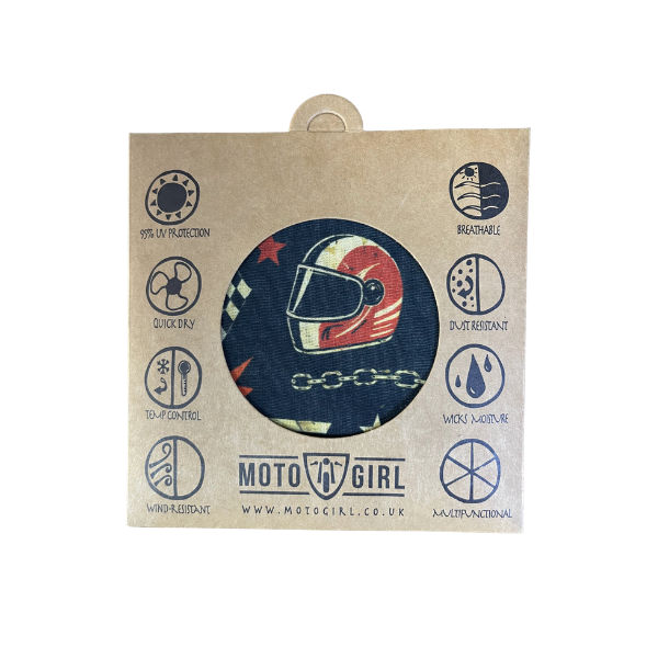A circular fabric patch featuring a motorcycle racer helmet design, mounted on a kraft paper backing card with various feature icons and the Moto Girl brand name.