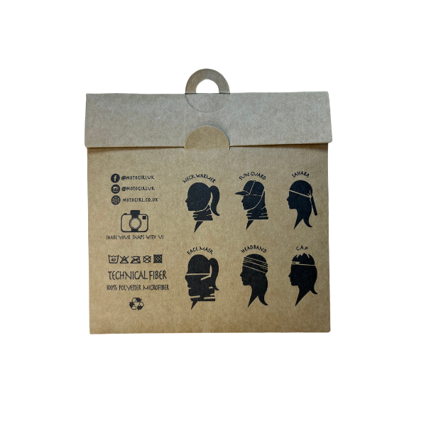 A kraft paper hang pouch packaging for hair extensions, featuring black printed graphics of different hair extensions and social media handles on a white background.
