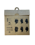 A kraft paper hang pouch packaging for hair extensions, featuring black printed graphics of different hair extensions and social media handles on a white background.