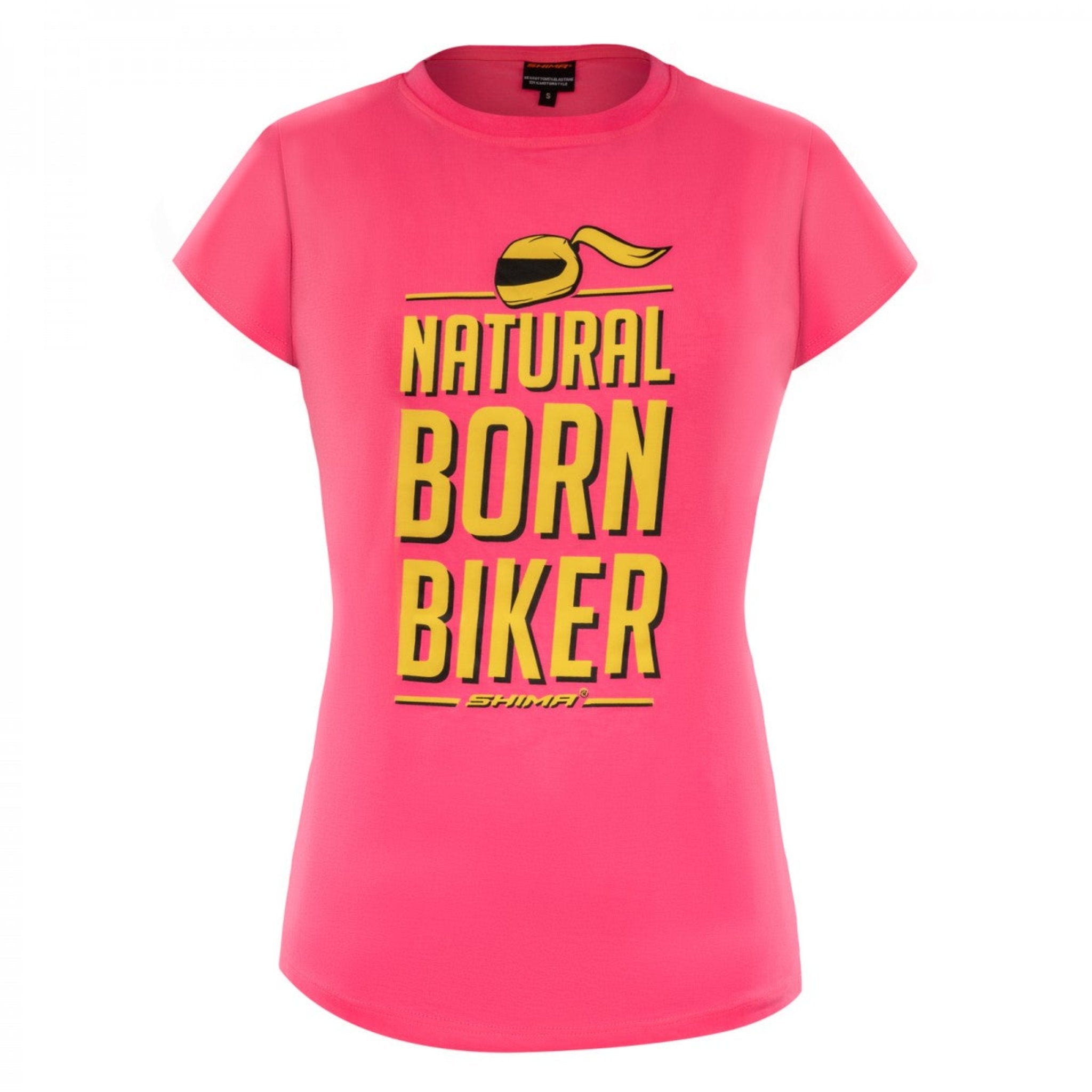 Pink t-shirt from Shima with yellow text &quot;Natural Born Biker&quot; 