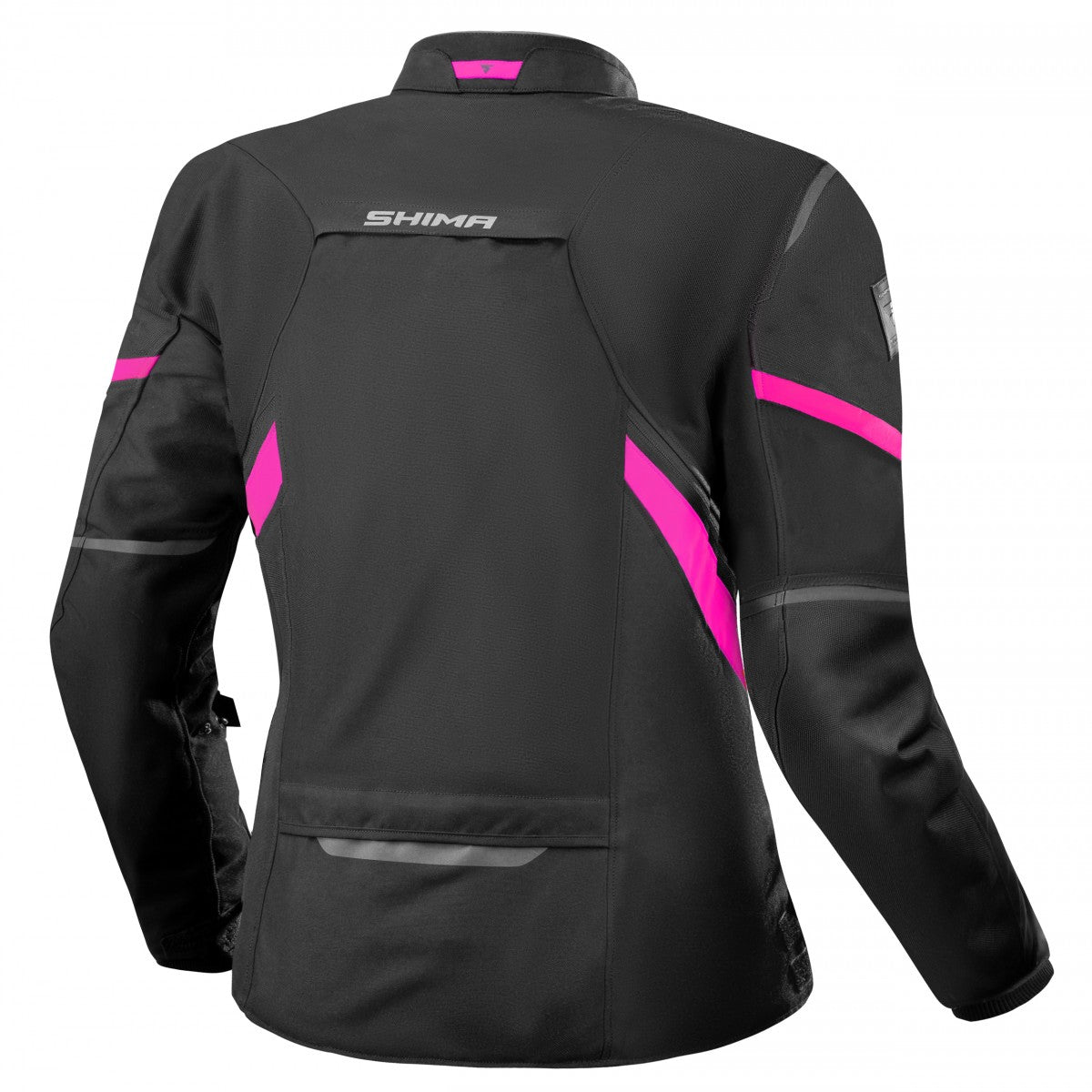 THE BACK OF black and pink lady motorcycle jacket from SHIMA