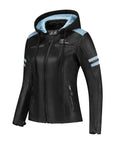 Black and baby blue women's leather motorcycle jacket with the hood from Rusty Stiches 