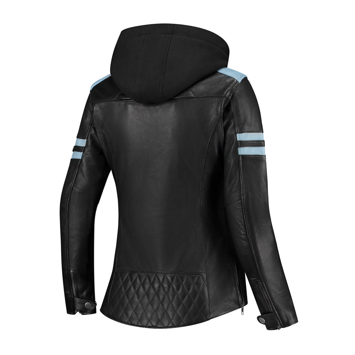 the back of Black and baby blue women&#39;s leather motorcycle jacket with the hood from Rusty Stiches
