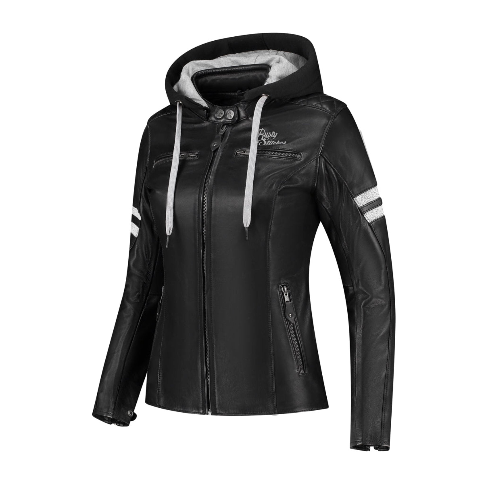 black leather lady motorcycle jacket with a hood and white striped from Rusty Stitches