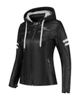 black leather lady motorcycle jacket with a hood and white striped from Rusty Stitches