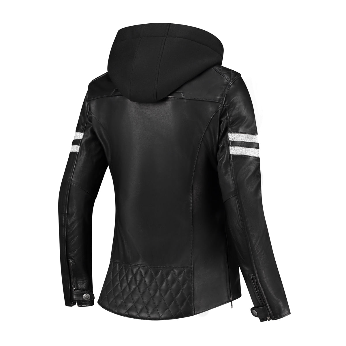 A back of black leather lady motorcycle jacket with a hood and white striped from Rusty Stitches