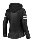 A back of black leather lady motorcycle jacket with a hood and white striped from Rusty Stitches