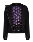 colourful inner lining of a  black retro style woman's motorcycle jacket with silver zip details 