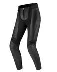 Womans black leather motorcycle trousers from the front