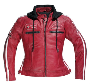 Red women's motorcycle jacket with black hood
