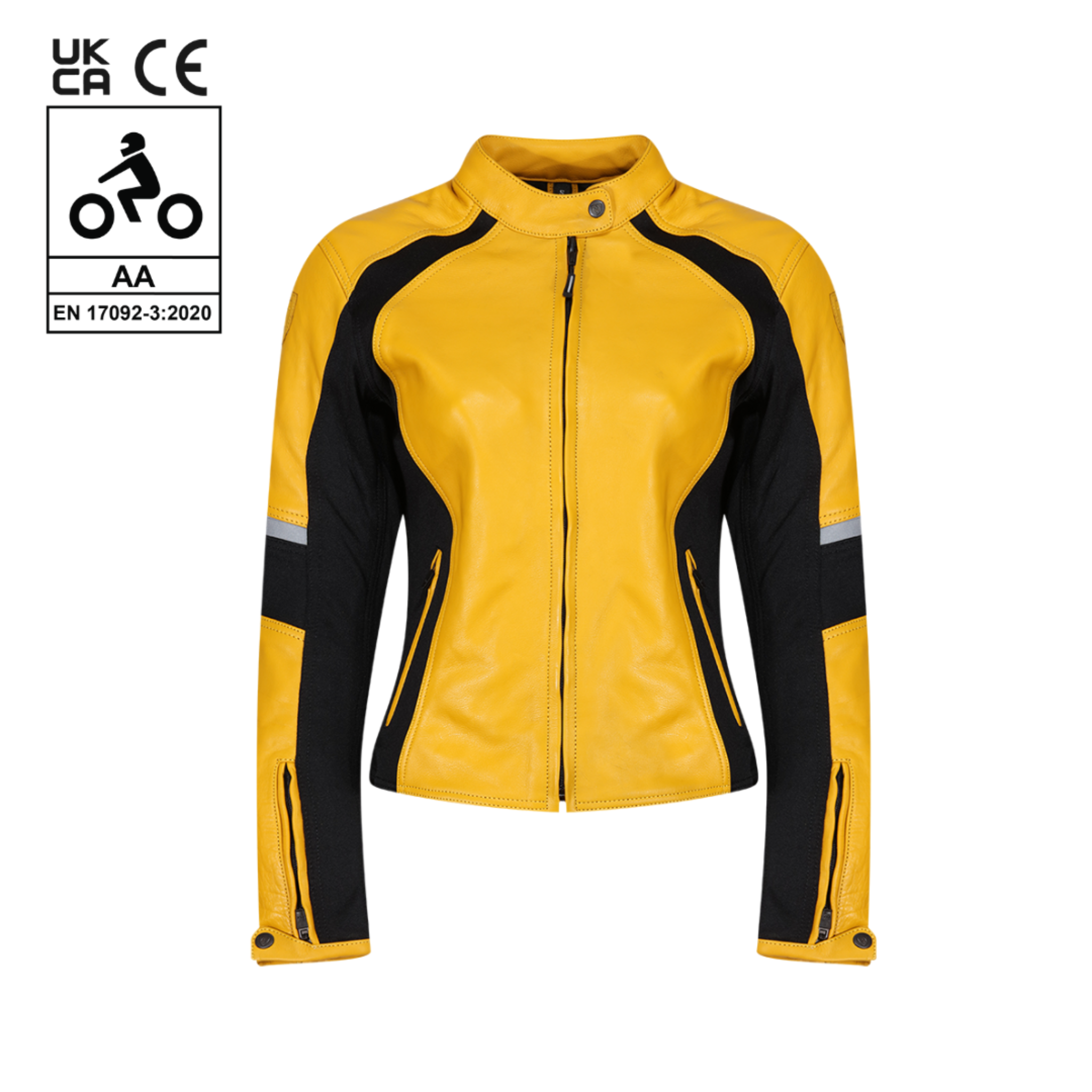 Yellow and black leather women's motorcycle jacket with reflectors on the sleeves from Moto Girl, featuring safety ratings