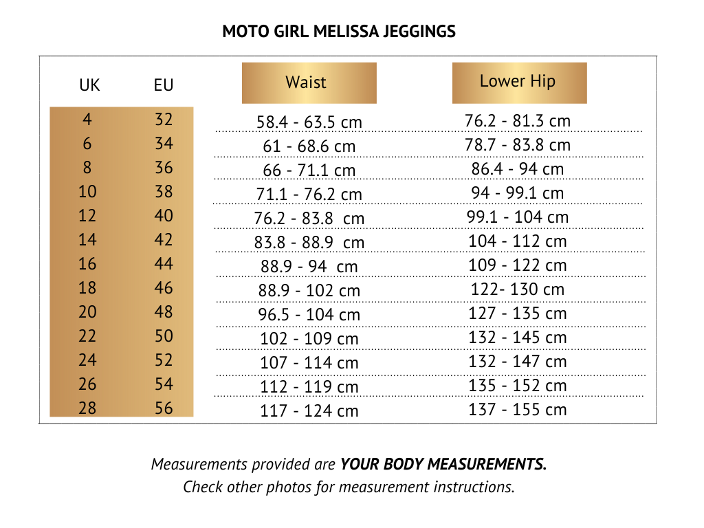 Size chart for Moto Girl female motorcycle jeggings Melissa