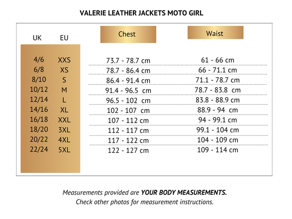 Size chart of Valerie leather women's motorcycle jacket from Moto girl 