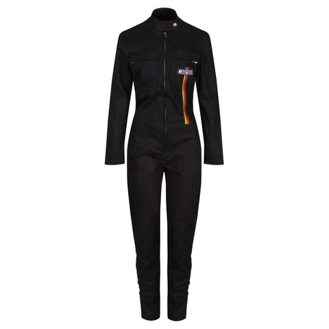 Black garage suit for women from MotoGirl from front