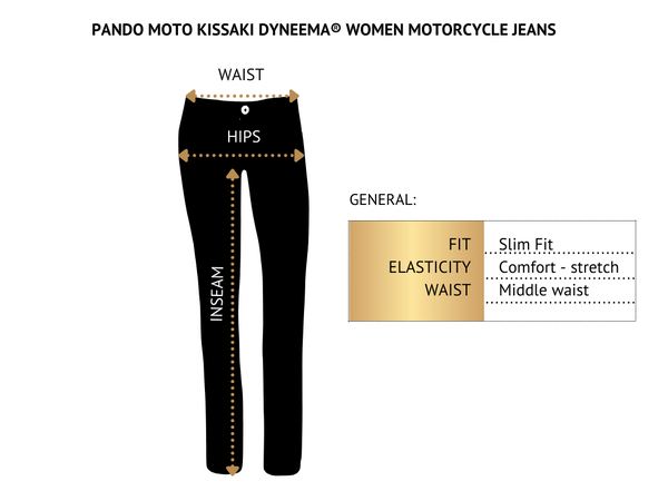 Size chart for Pando Moto KISSAKI DYNEEMA female motorcycle jeans