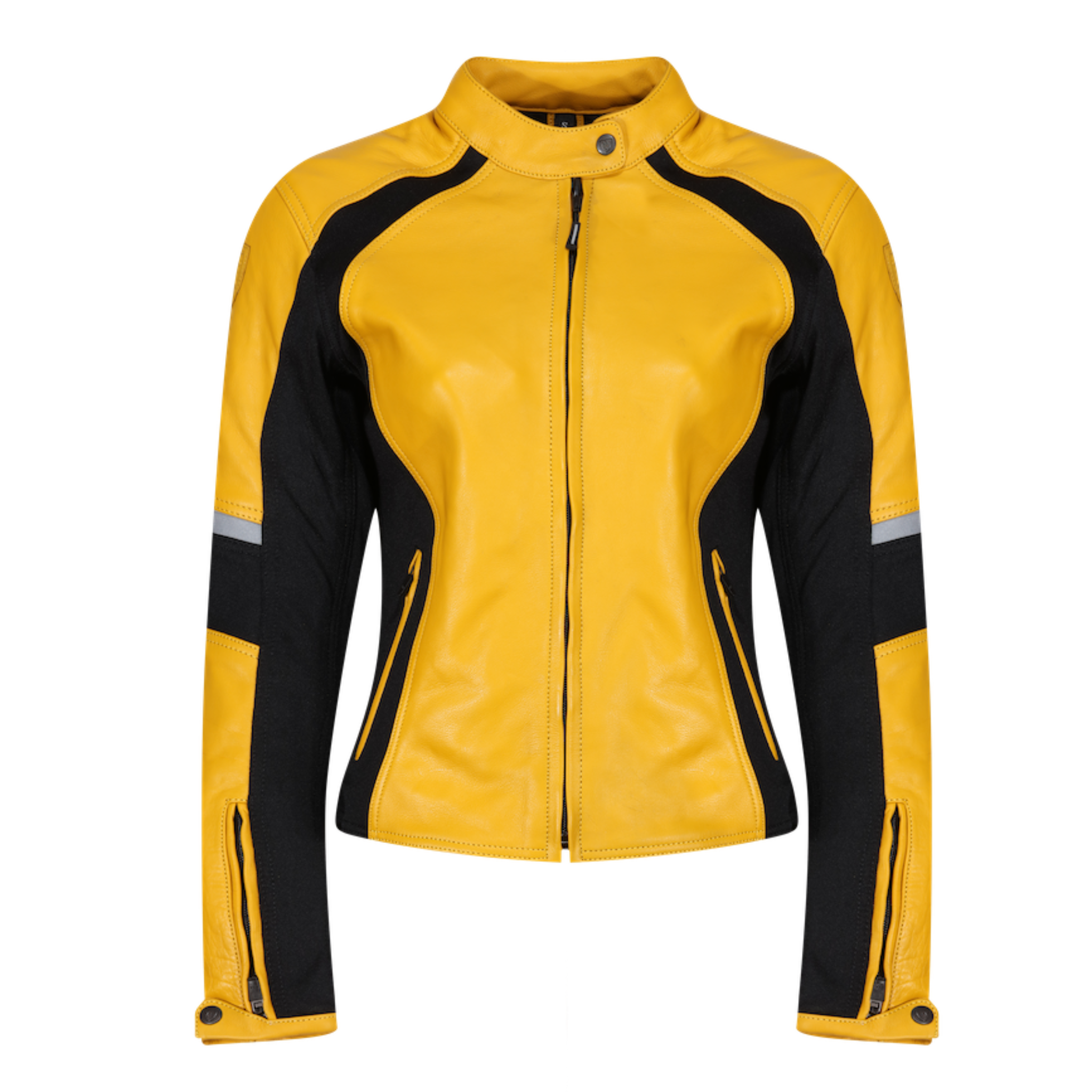 yellow and black leather women's motorcycle jacket with reflectors on the sleeves from Moto Girl.