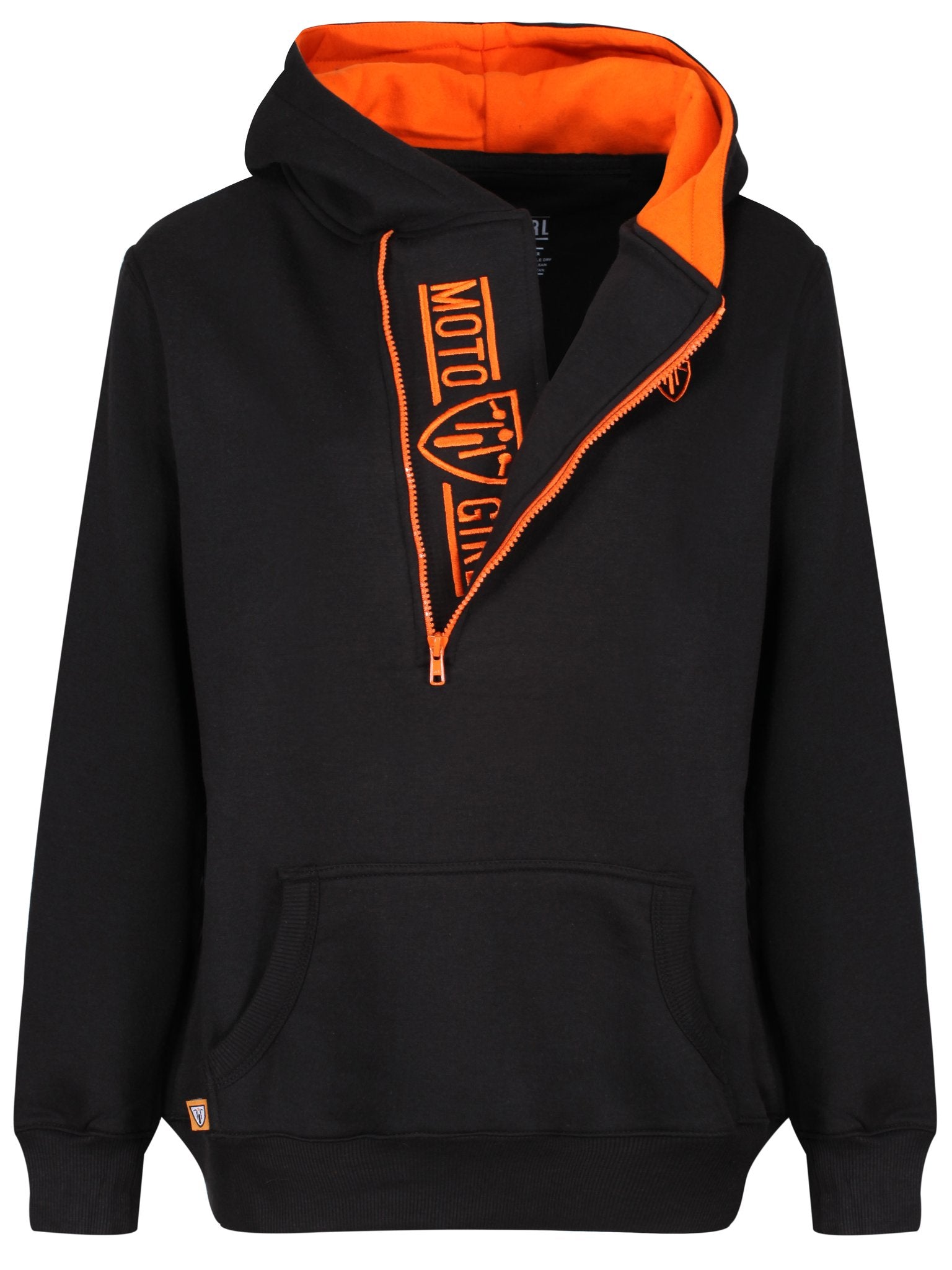 Black and orange motorcycle hoodie from MotoGirl with a long zip