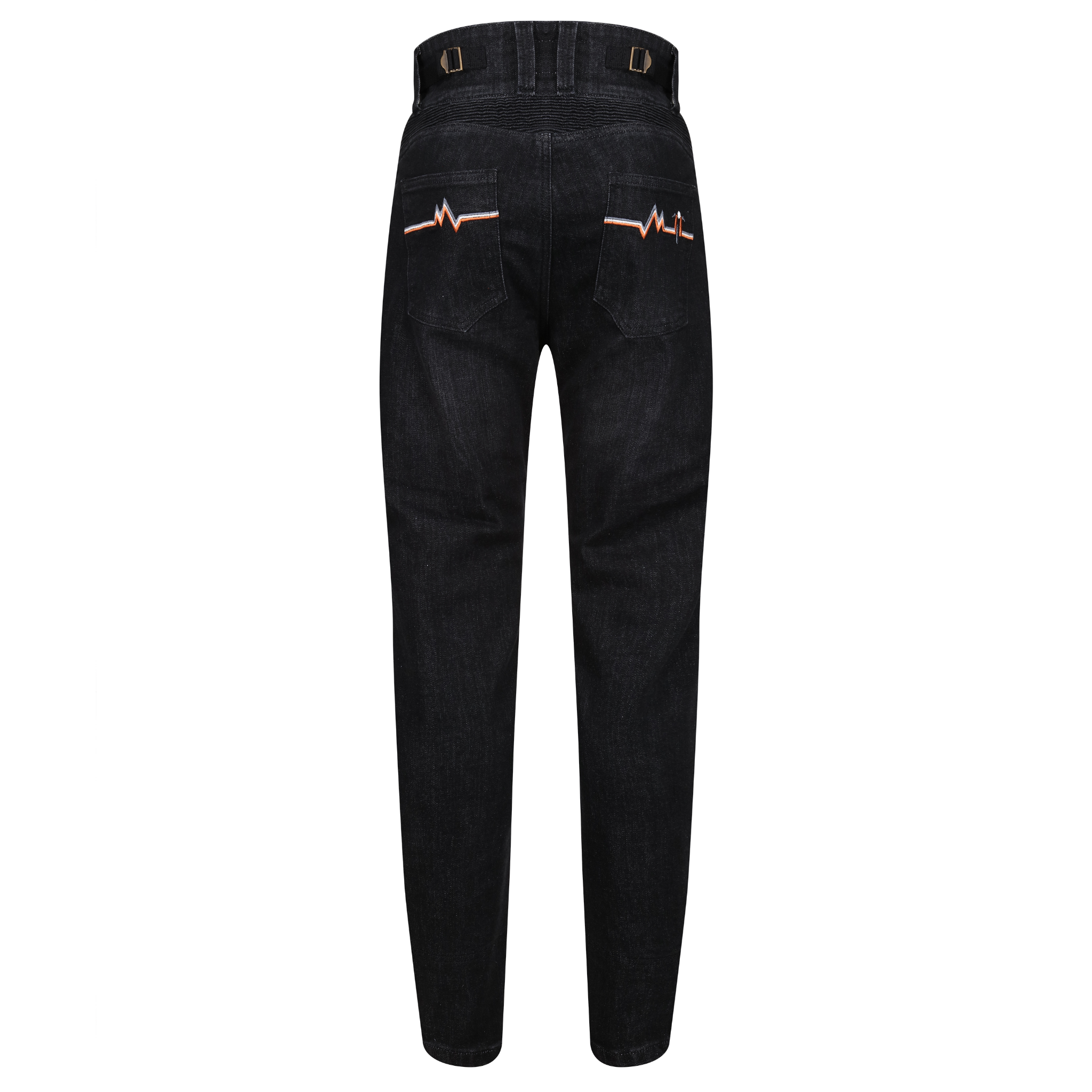 The back of black women's motorcycle jeans with heartbeat detail on the pockets from Moto Girl