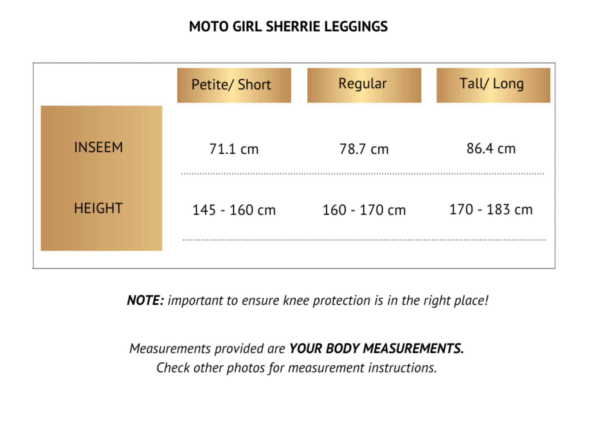 Size chart for female motorcycle  leggings Sherrie from MotoGirl