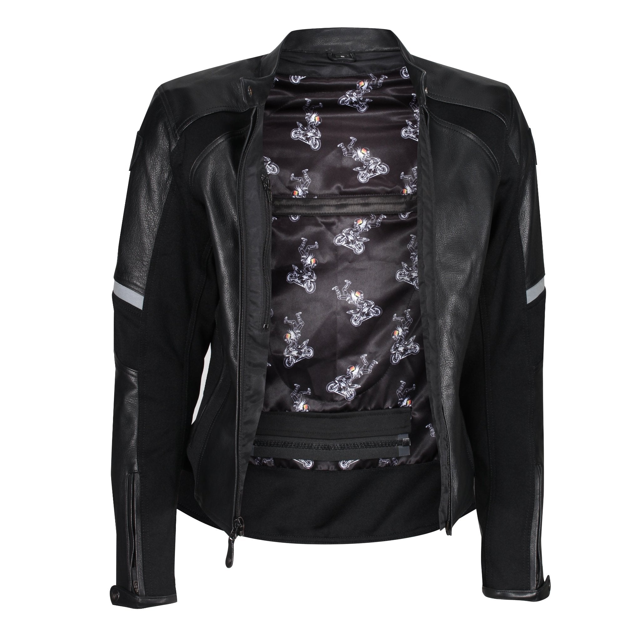 The inner part of the Black leather women's motorcycle jacket with reflectors  from Moto Girl 