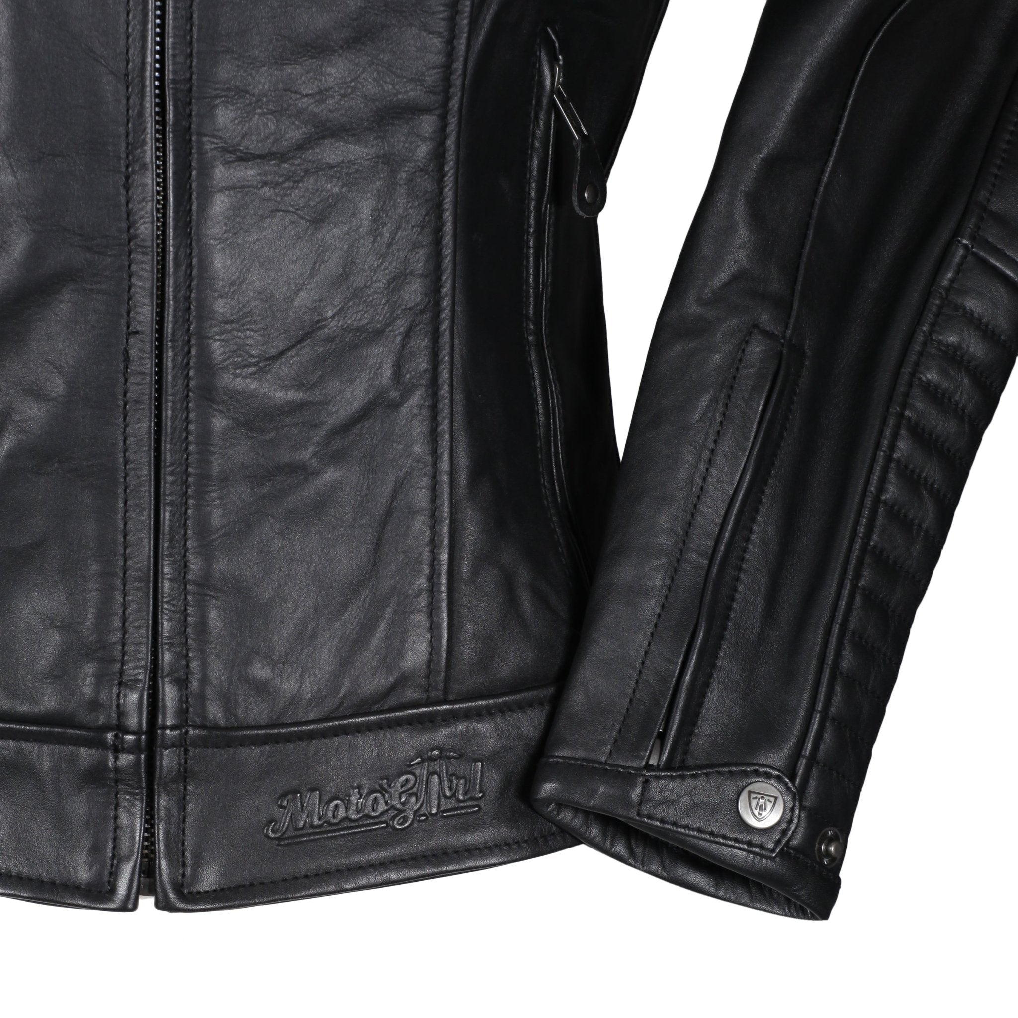 close-up sleeve of black leather jacket Valerie with moto girl logo